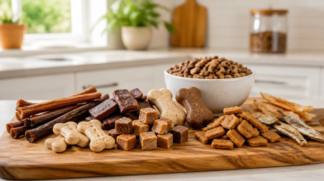 Assorted pet treats on a board