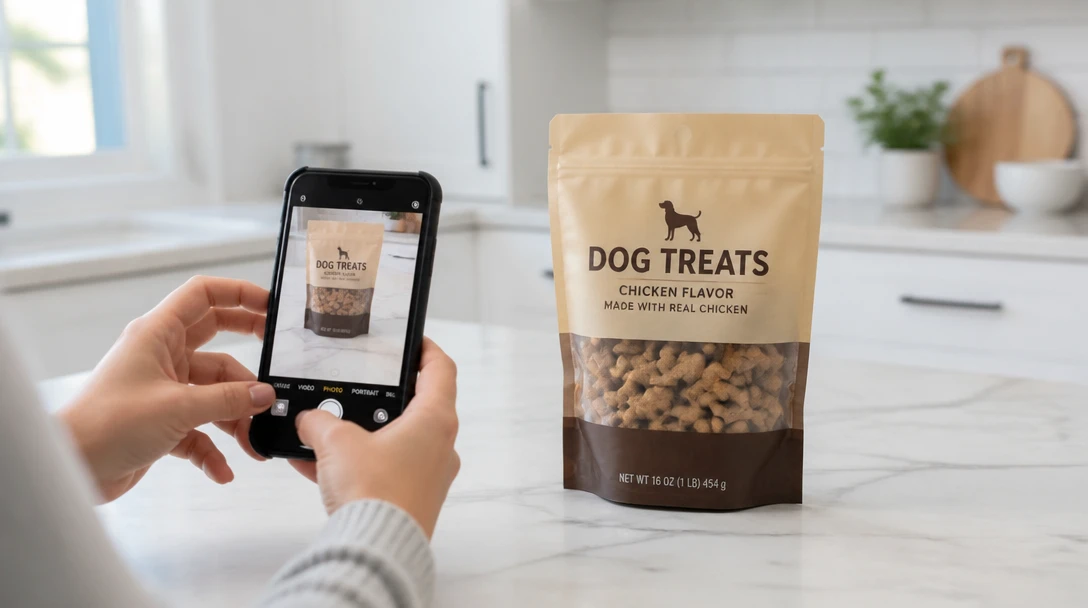 Person photographing a treat bag
