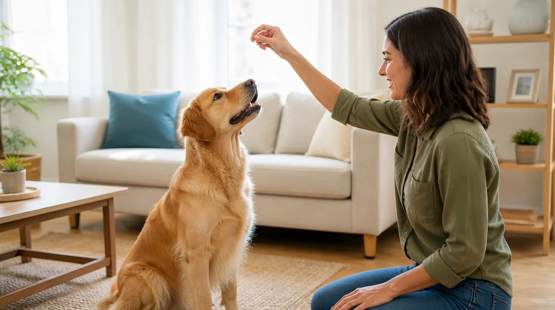 Dog waiting while owner holds a treat