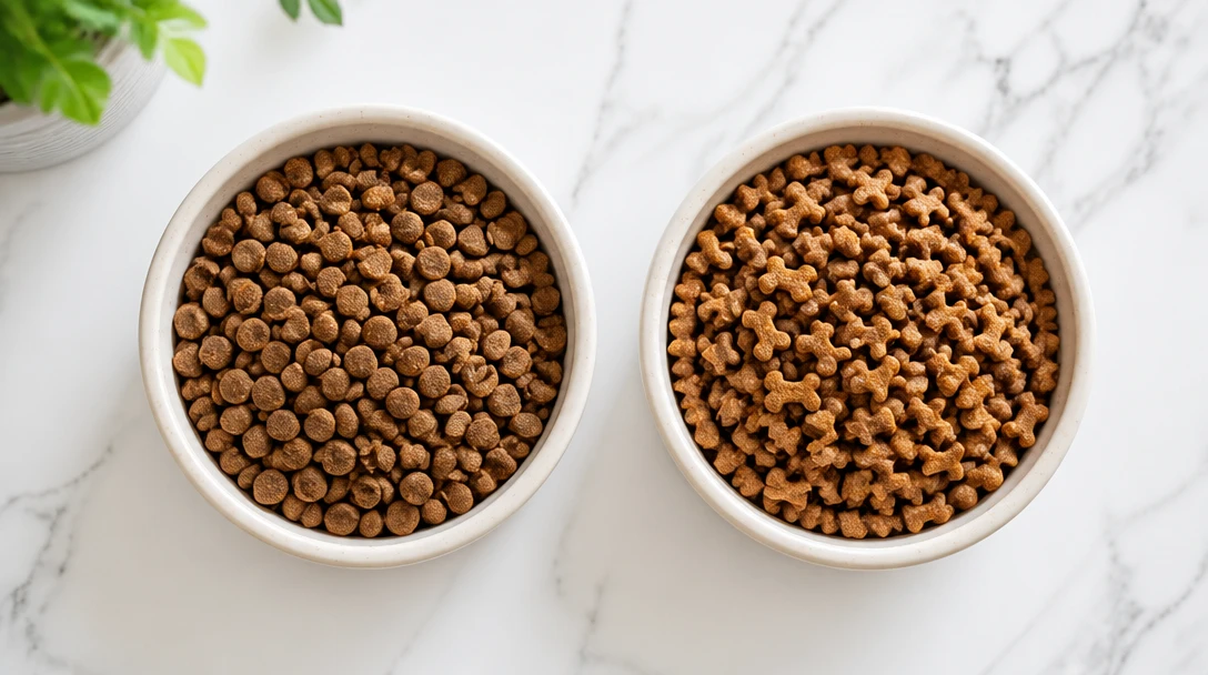 Two bowls of different kibble