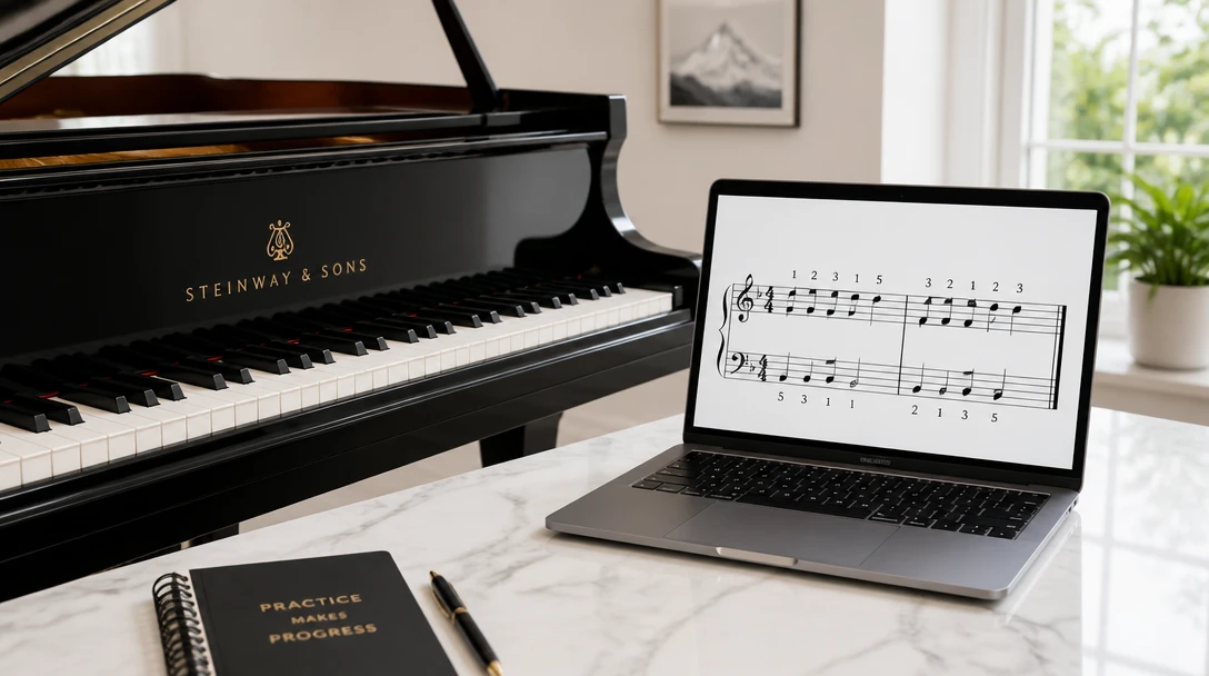 A grand piano keyboard beside a laptop showing numbered finger marks over a short musical phrase