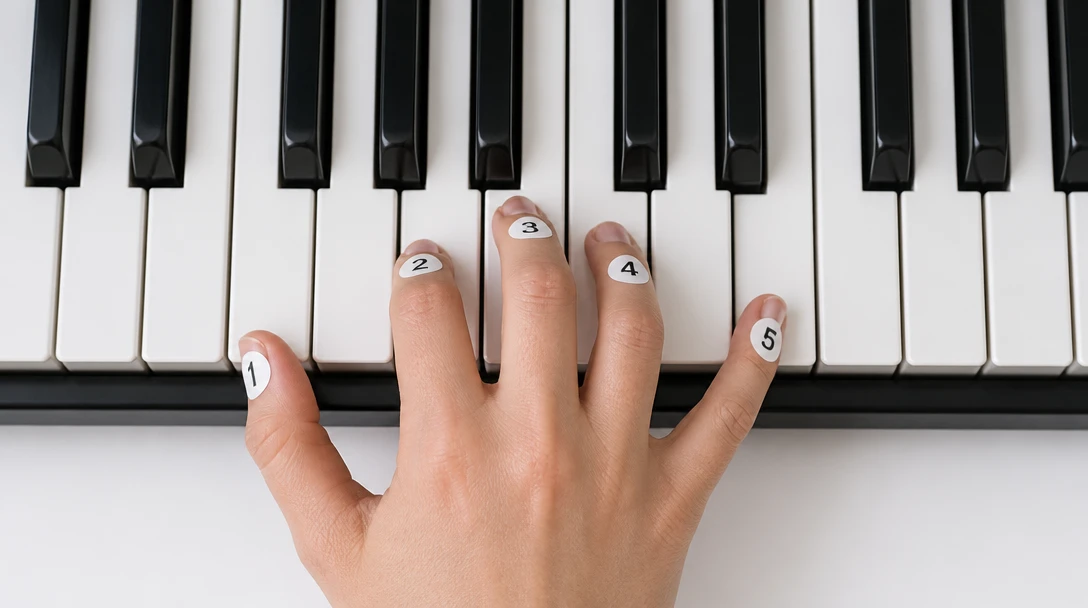 Five fingers resting in a chord shape on piano keys