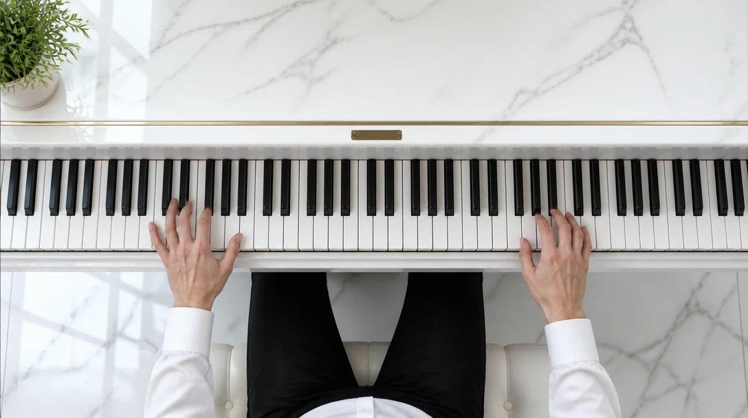 Two hands on a piano, left hand in the bass and right hand in the treble