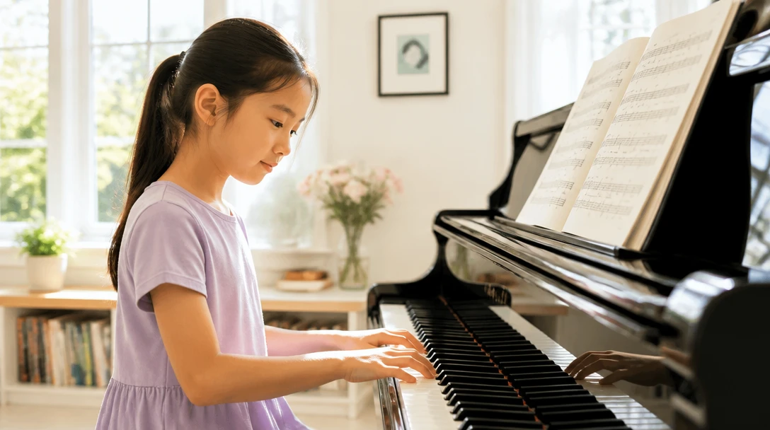 A student at a piano with a laptop showing a short fingering list