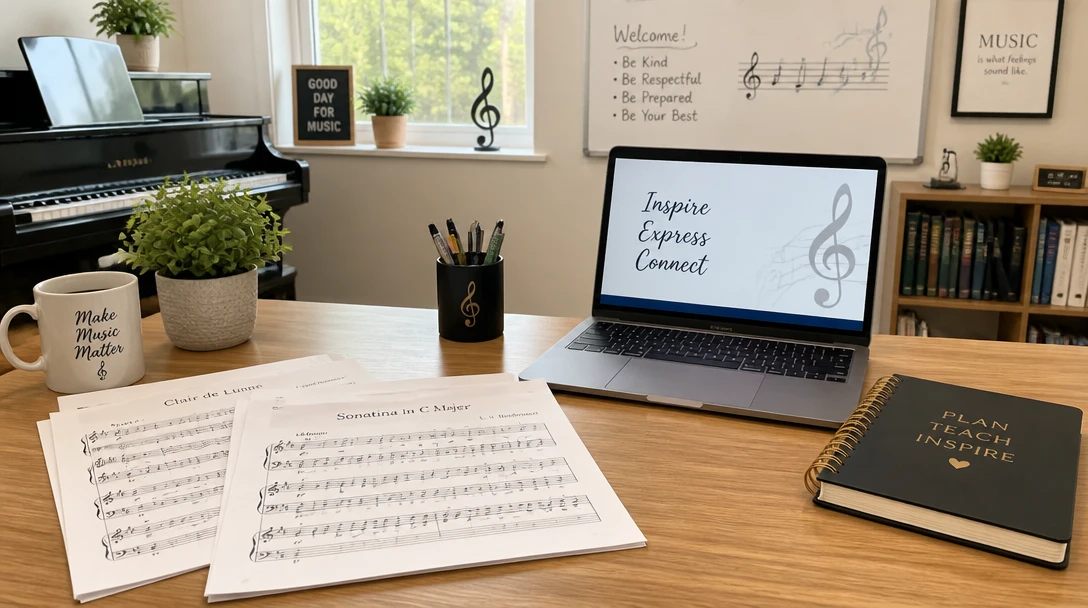 A music teacher’s desk with printed piano music and a laptop