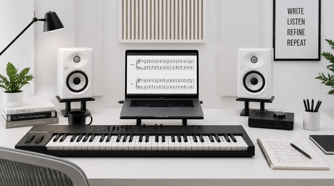 A composer workstation with a MIDI keyboard and a laptop