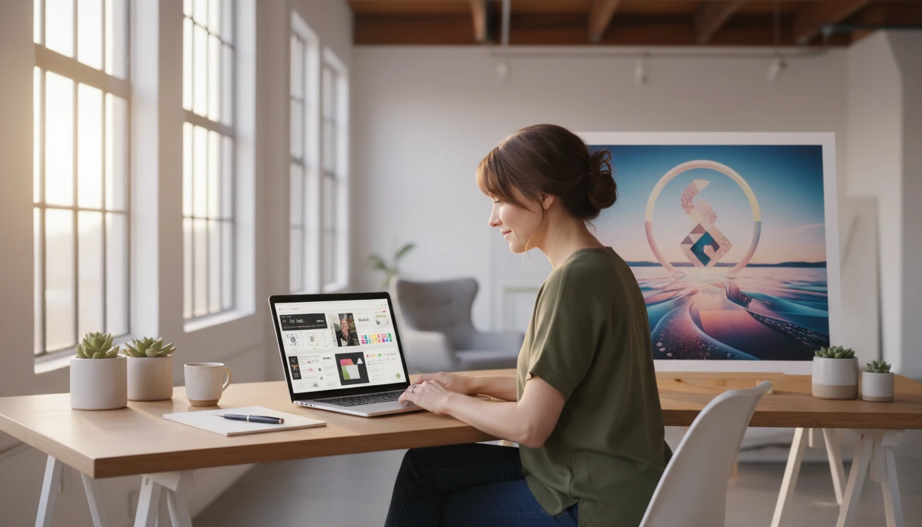 Creative professional reviewing an AI-generated visual analysis of a photograph on a laptop at a modern studio desk
