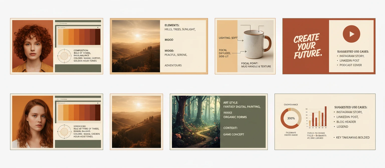 Wide editorial collage of diverse image types being analysed — photographs, illustrations, infographics, and product shots with AI analysis panels beside each