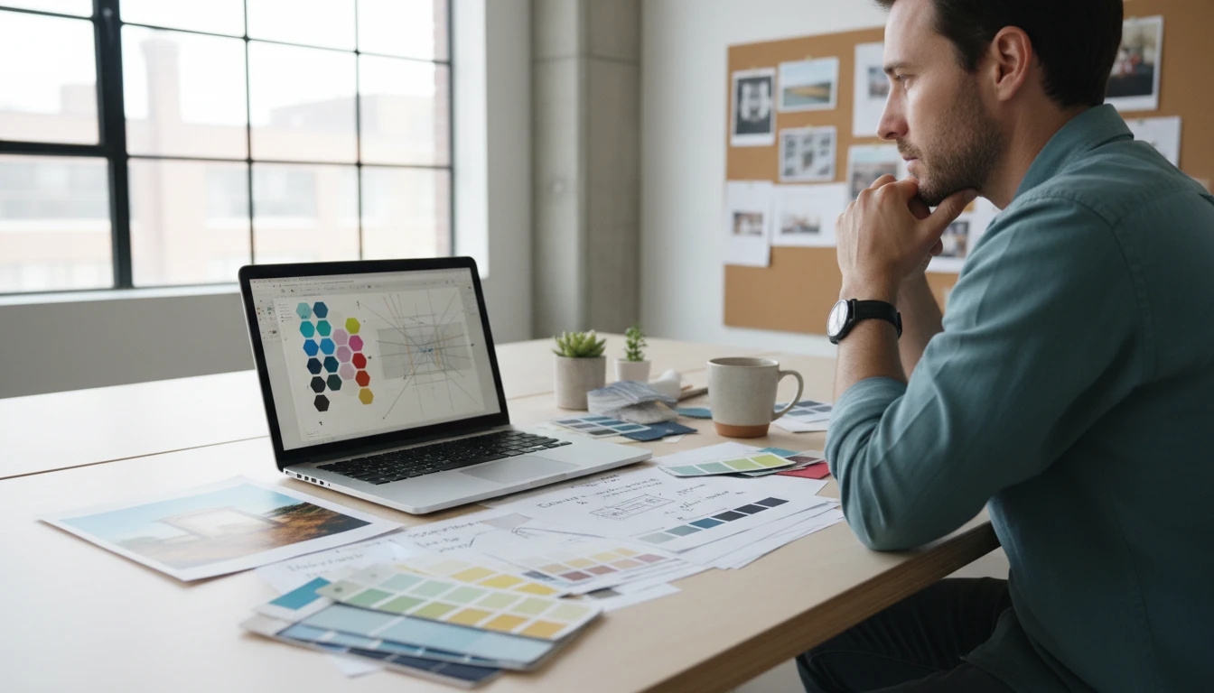 Designer at a desk using an AI image analysis tool to review colour palette and composition of a photograph on a laptop