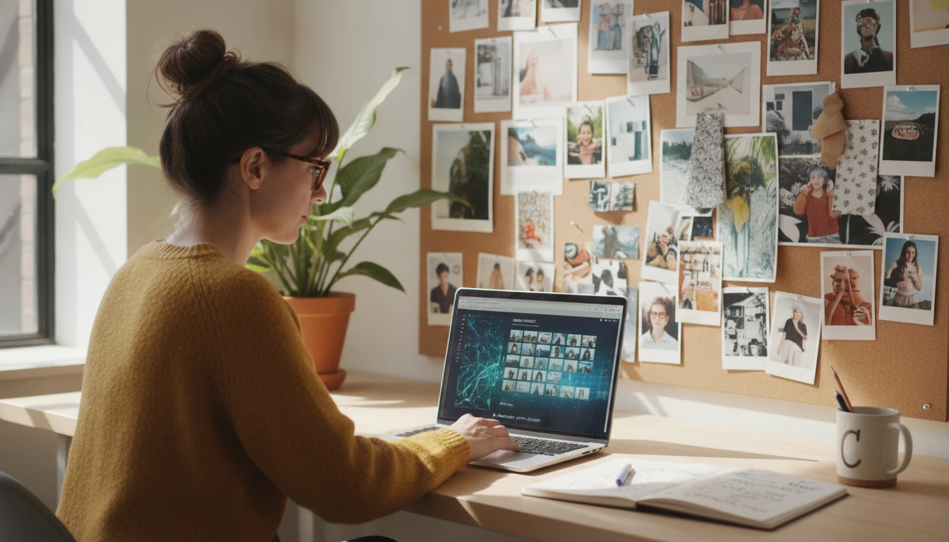 Content manager at a desk using an AI tool to analyse and categorise a large image library on a laptop