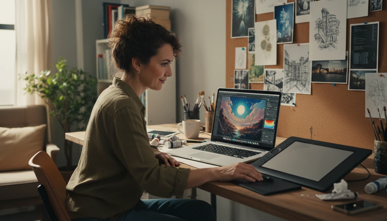 Artist at a studio desk using an AI tool to analyse a digital painting on a laptop beside a drawing tablet