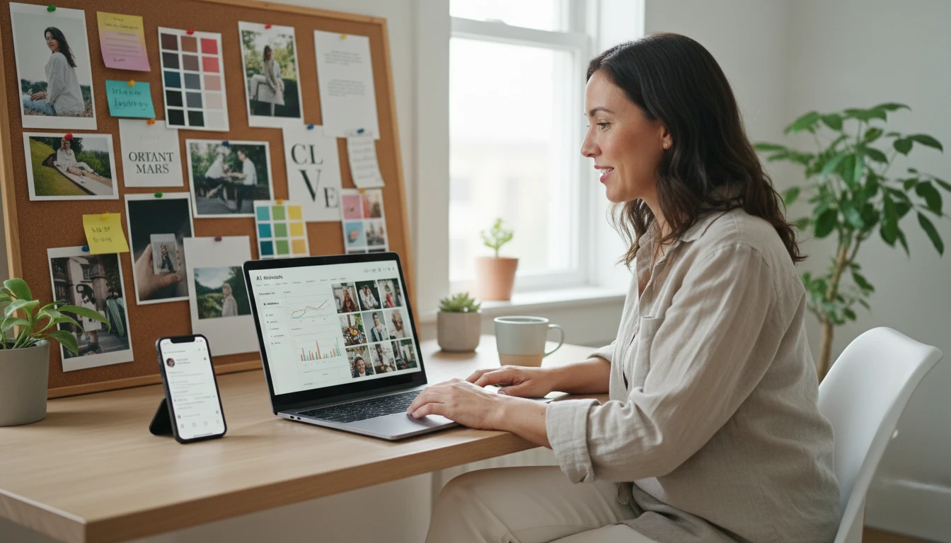 Social media manager at a desk using an AI picture analysis tool to evaluate images before posting on a laptop
