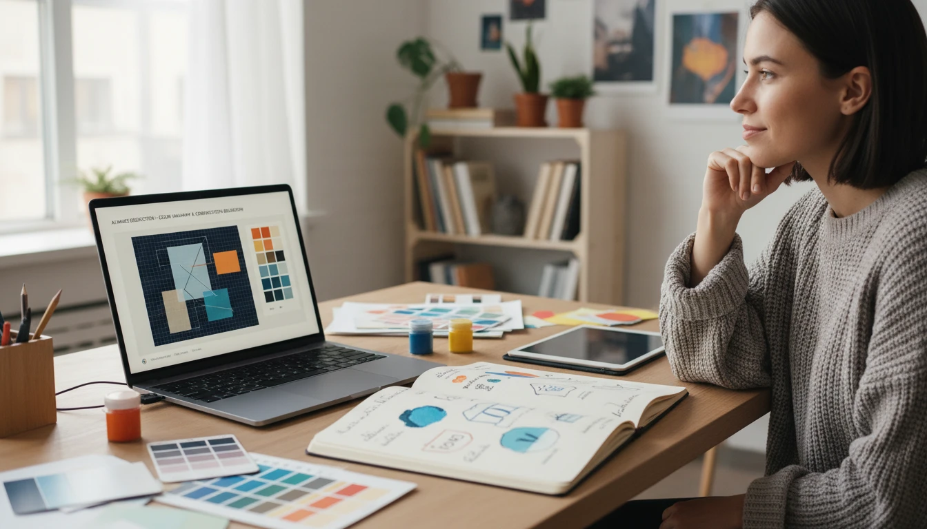 Designer at a studio desk using an AI image analysis tool to inform a design project on a laptop beside a reference image