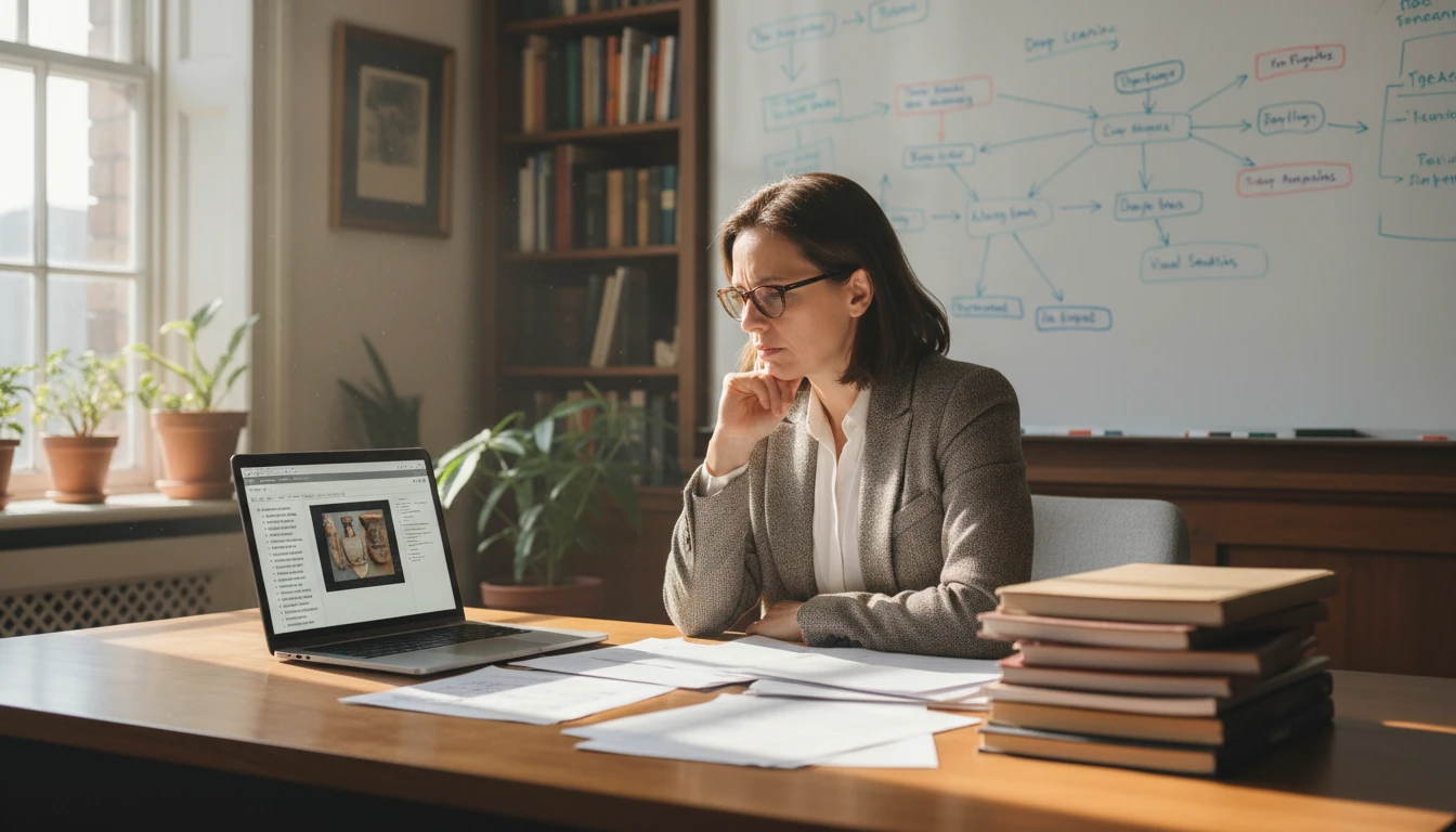 Educator at a desk using an AI image analysis tool to produce structured descriptions for educational materials on a laptop