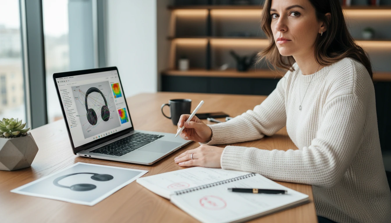E-commerce manager at a desk using an AI image analysis tool to assess product photography on a laptop