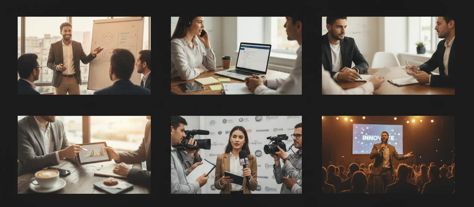 Wide collage of pitching scenarios — startup meeting, sales call, job interview, press briefing
