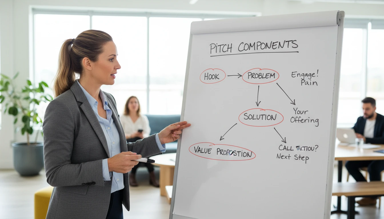 Startup coach annotating the components of a pitch deck with a marker on a whiteboard