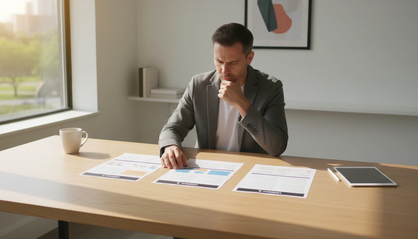 Founder at a desk testing three different pitch openings on notecards before a presentation