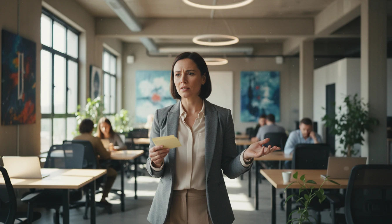 Startup founder practicing a pitch in a modern co-working space