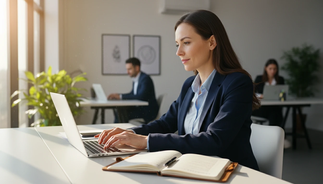 Sales professional at a desk writing a pitch email with a confident expression