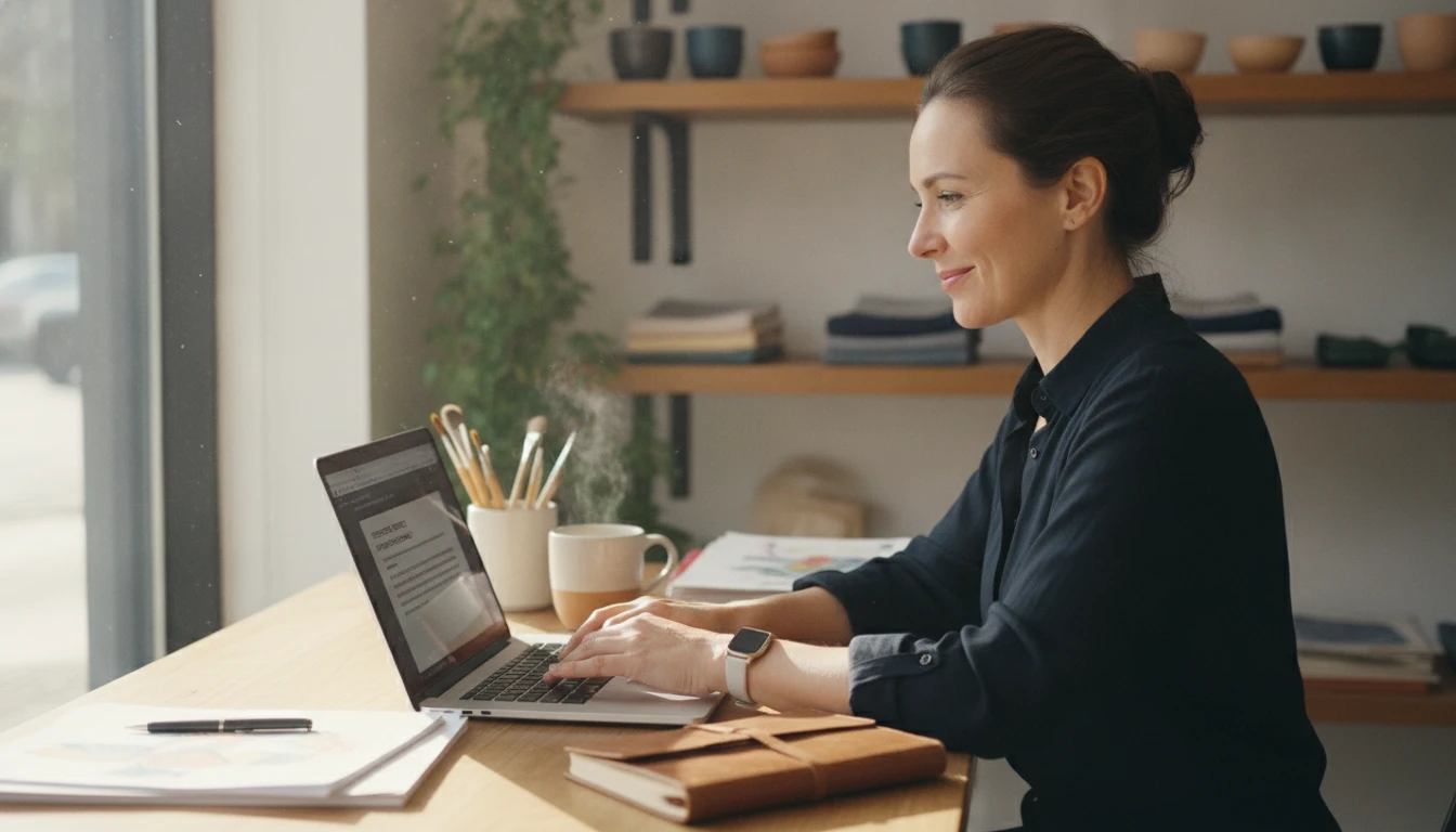 Small business owner at a shop desk writing a partnership pitch on a laptop