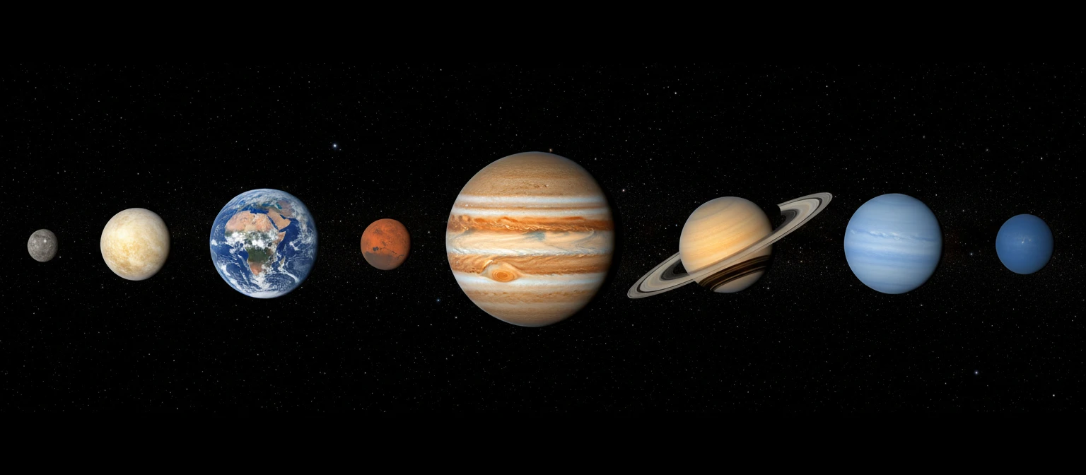 NASA-quality photo collage of the eight planets of the solar system: Mercury, Venus, Earth, Mars, Jupiter, Saturn, Uranus, and Neptune arranged in order from the Sun