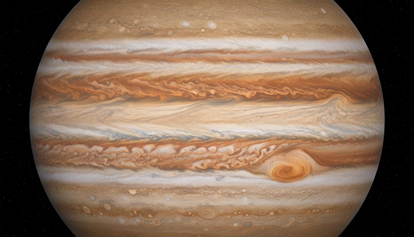 Close-up of Jupiter showing the Great Red Spot storm system and banded atmosphere