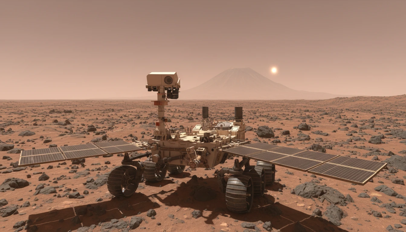 NASA Mars rover on the Martian surface with a dusty red landscape and hazy sky