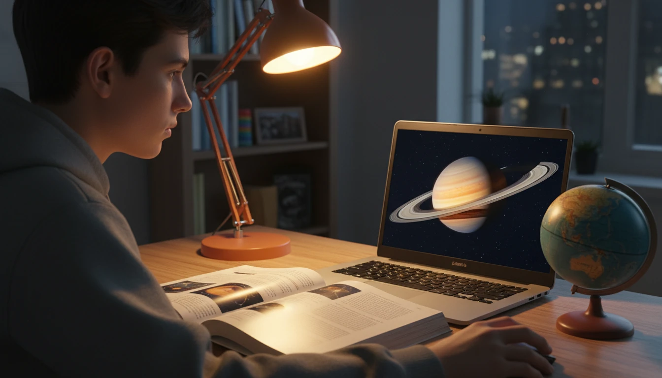 Student looking at space photographs on a laptop while studying astronomy for a school project