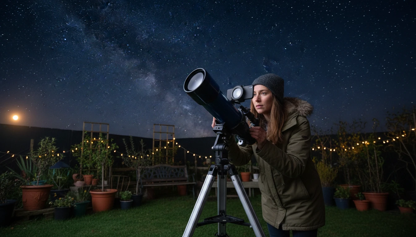 Amateur astronomer photographing a planet through a telescope eyepiece at night