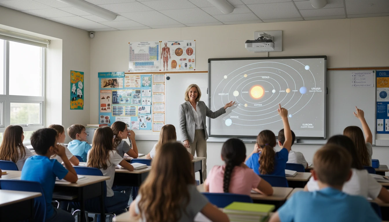 Science teacher pointing to a projected solar system image during a classroom astronomy lesson
