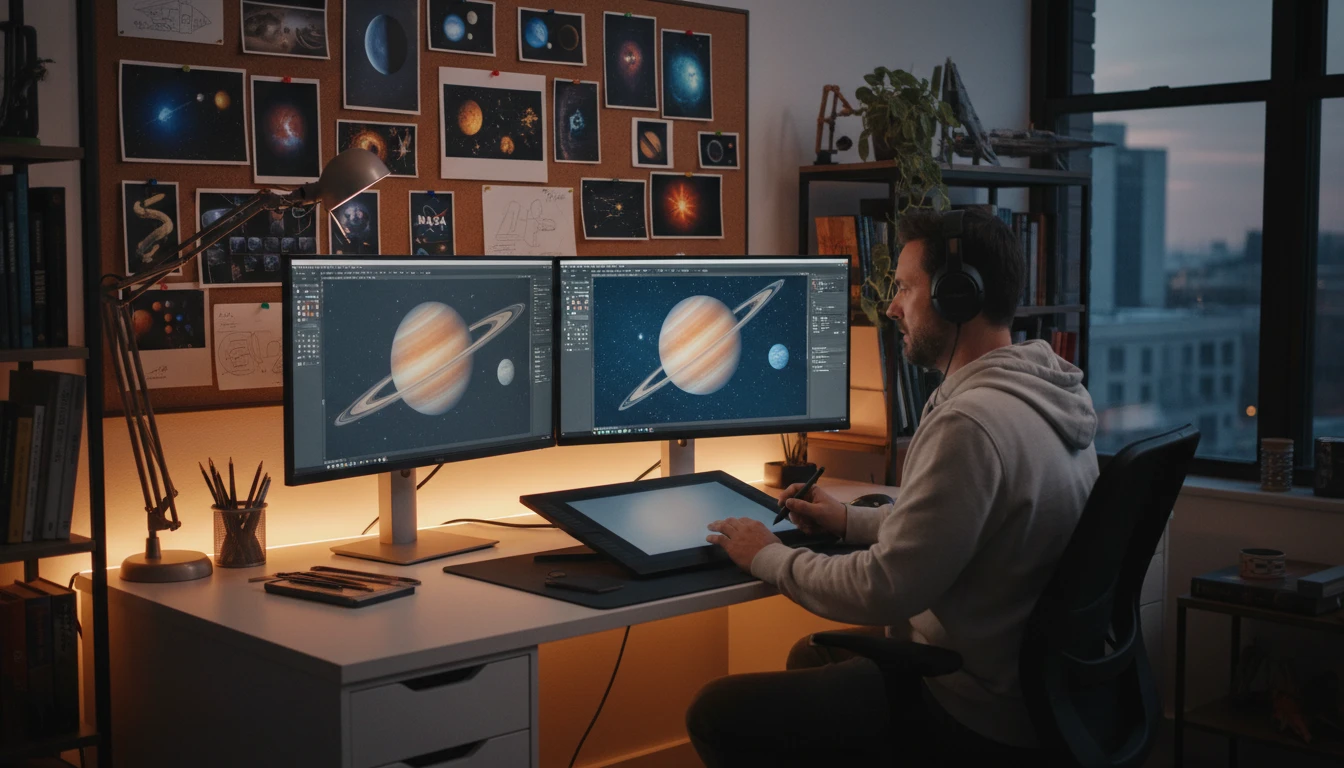 Digital artist working on a space scene at a creative studio with reference NASA images displayed