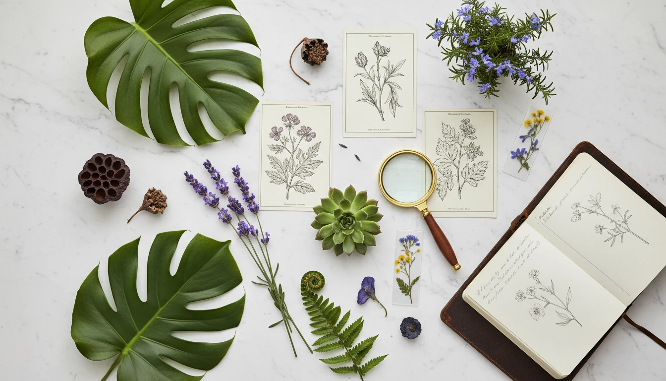 A botanical flat lay of diverse plant specimens including tropical leaves, fern fronds, succulents, and pressed wildflowers on a white marble surface