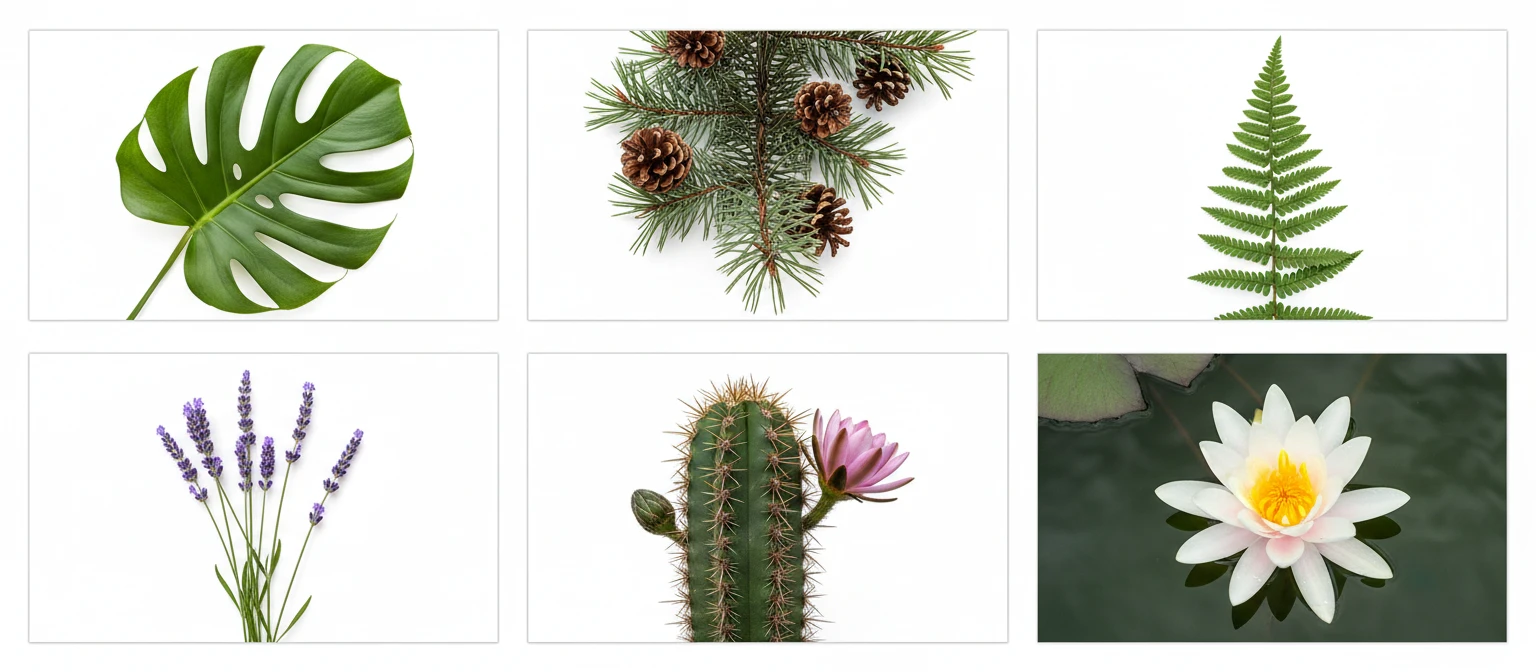 A 21:9 grid photo collage of six distinct plant types: monstera leaf, pine cone branch, fern frond, lavender sprig, cactus, and water lily on white backgrounds