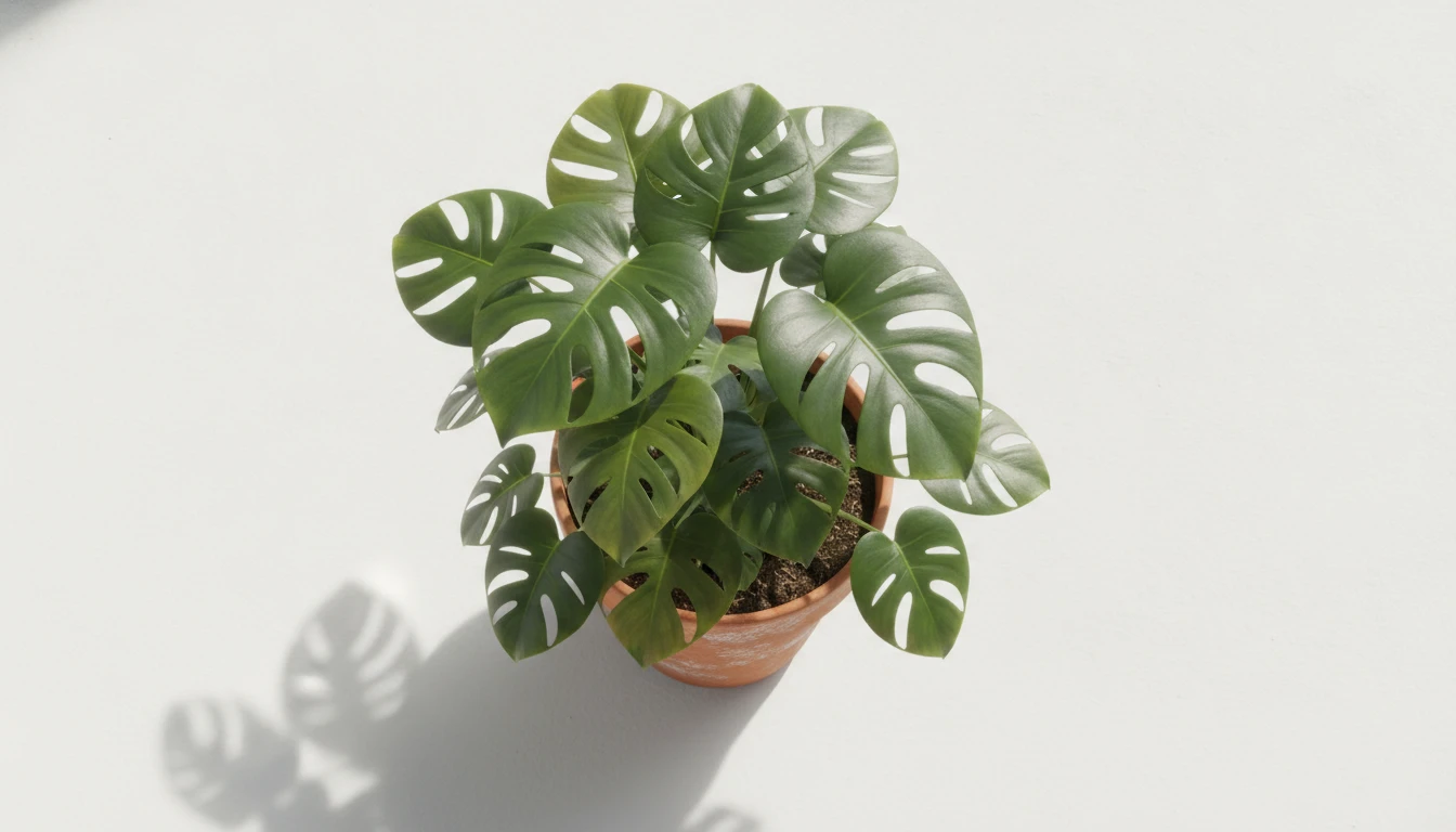 A vibrant monstera deliciosa plant with distinctive split leaves in a terracotta pot on a white surface in bright natural daylight