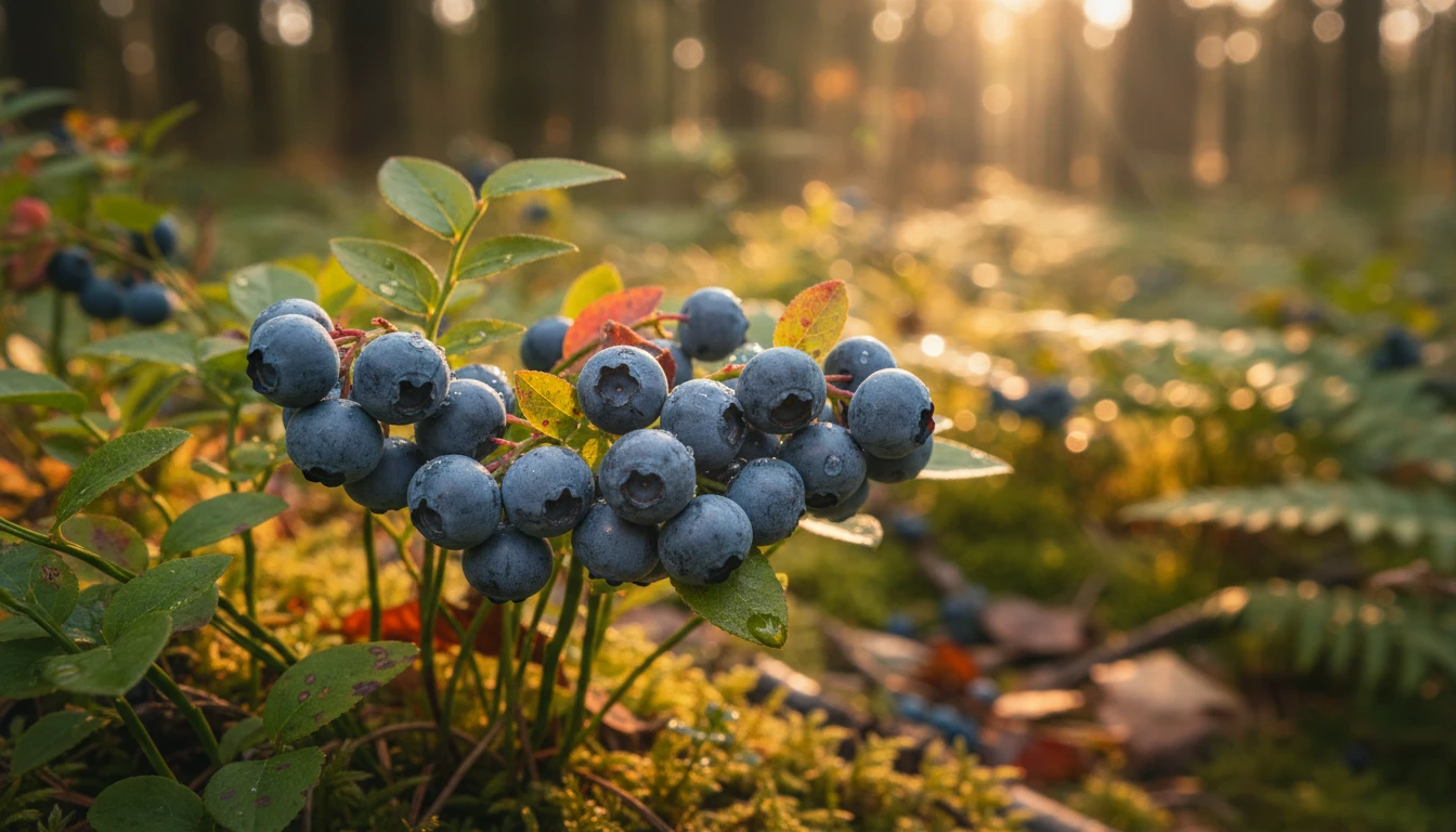 A cluster of wild blueberries on their stems in a natural forest setting with dappled sunlight