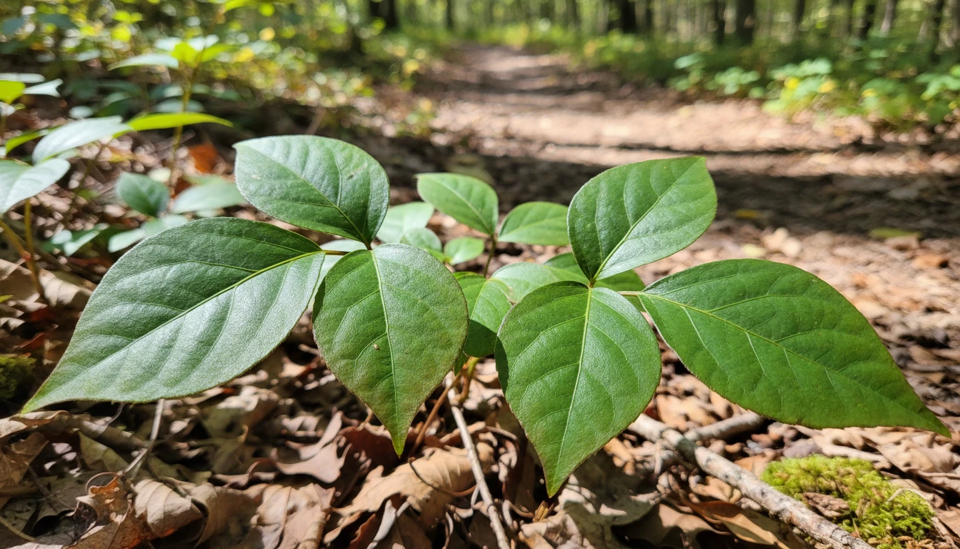 A clear photo of poison ivy leaves showing the classic three-leaflet form on a forest floor path