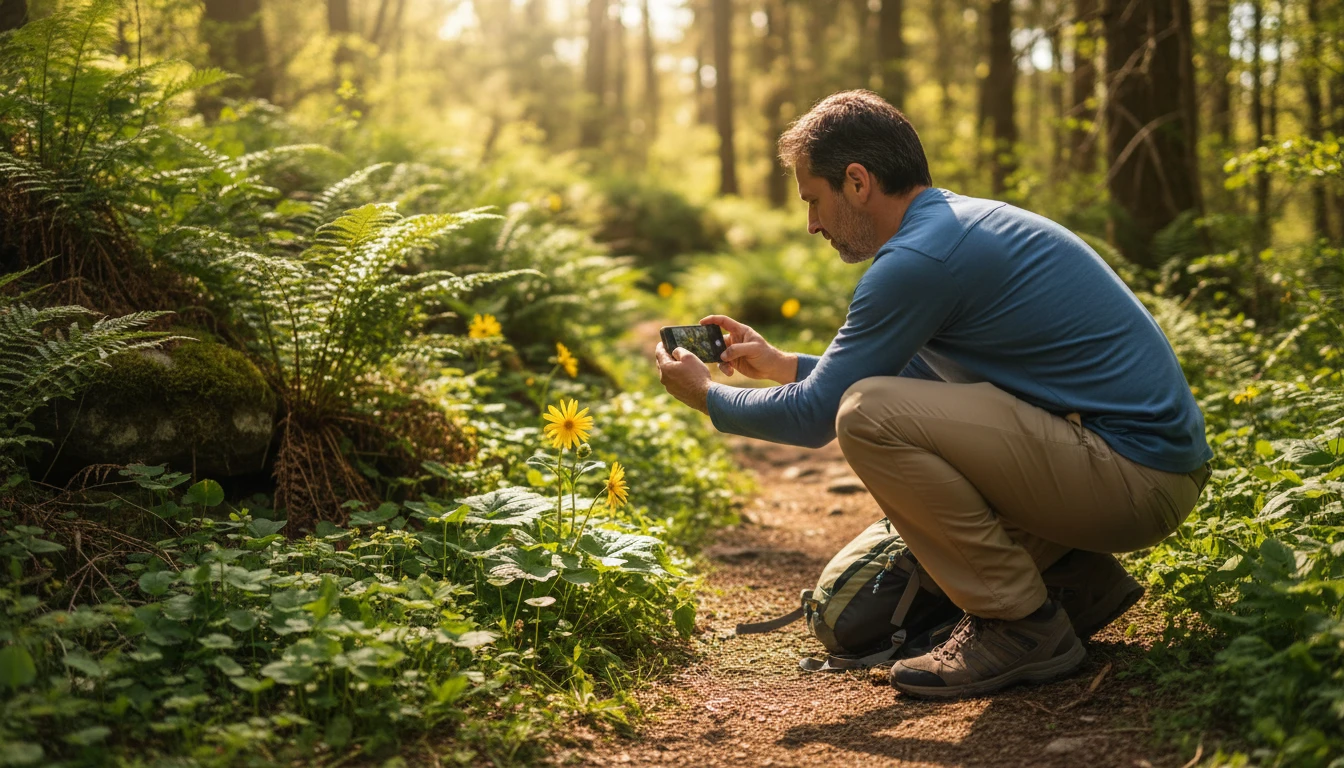 A hiker crouching on a woodland trail photographing a wildflower with their phone