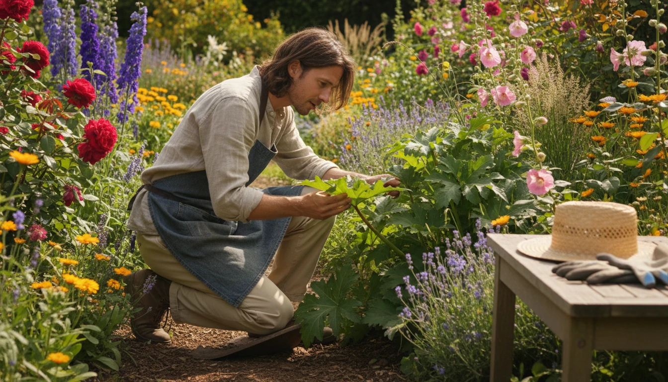 A home gardener kneeling beside a garden border examining an unfamiliar plant closely