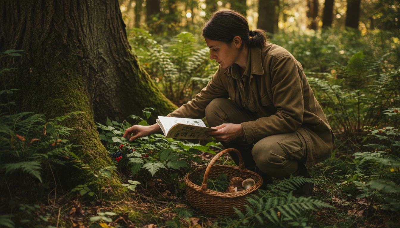 A forager crouching in a forest examining wild plants beside an open field guide and a wicker basket