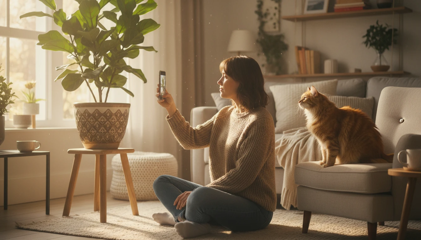 A pet owner photographing a houseplant on their phone while their cat sits nearby
