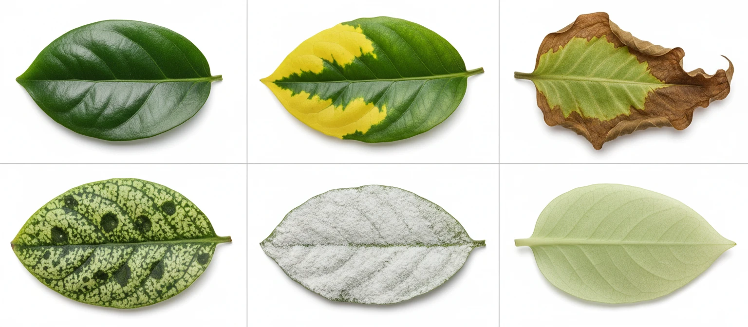 Wide photo collage of six common plant health conditions showing healthy leaves alongside yellowing, browning, spotting, and wilting examples