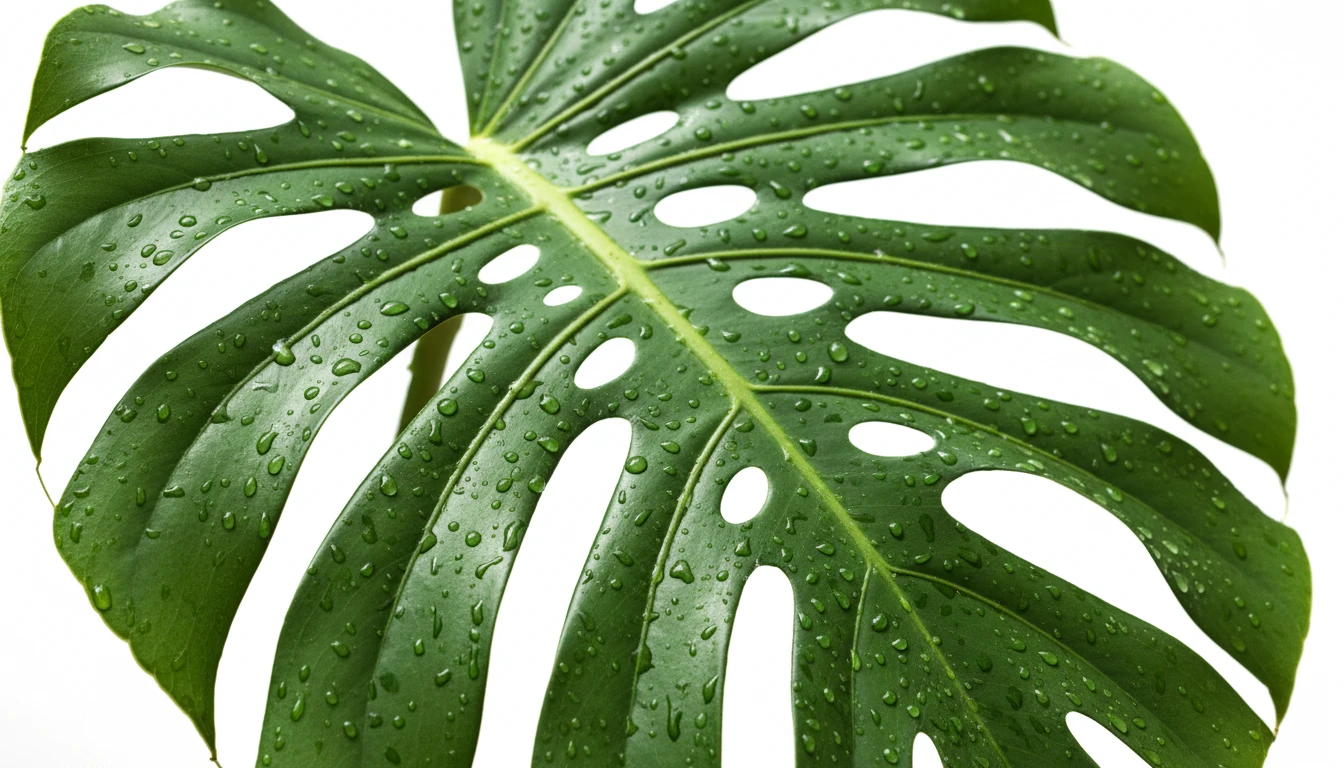 Close-up of a monstera deliciosa leaf showing the distinctive split and fenestrated pattern in bright natural light