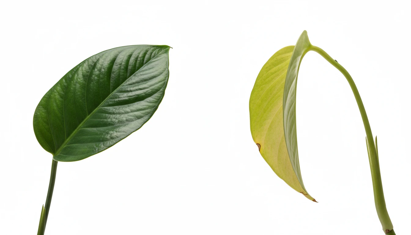 Side-by-side comparison of a healthy plant leaf and a yellowing leaf showing early signs of overwatering