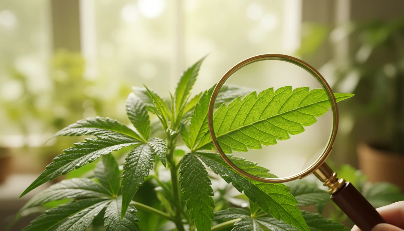 Plant owner examining leaves closely with a magnifying glass looking for pests or disease signs