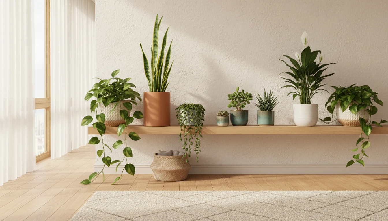 A collection of houseplants on a shelf being examined by a plant owner looking for signs of stress