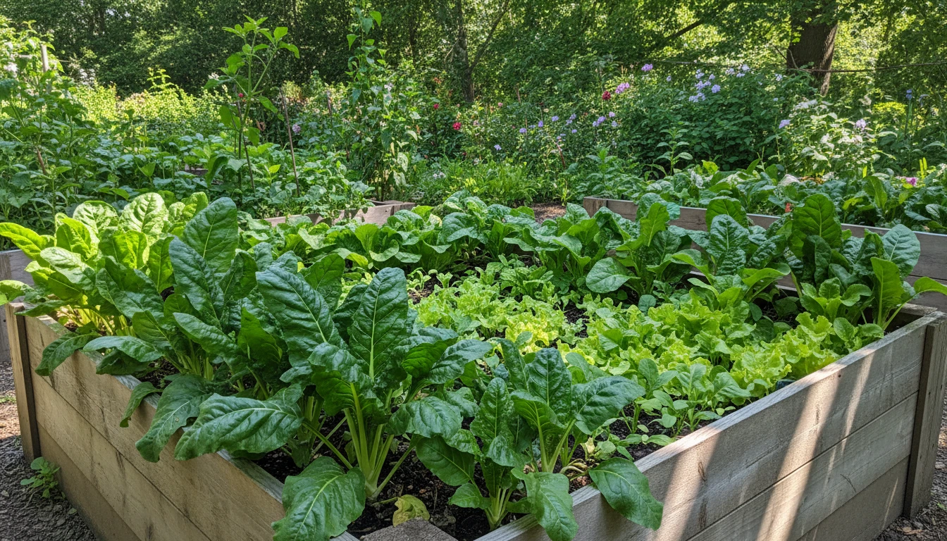 A raised vegetable garden bed with leafy plants showing mixed health conditions in bright outdoor light