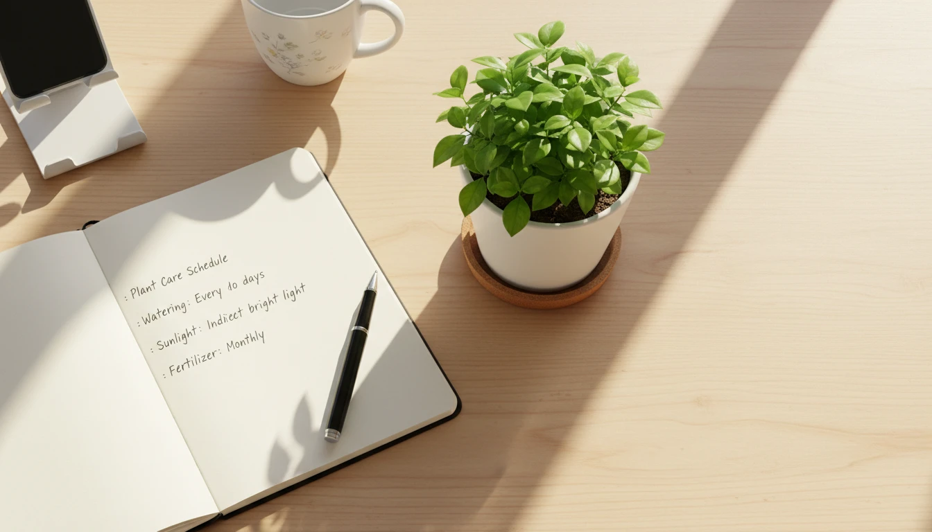 A small potted plant on a desk beside a notebook with plant care notes being written