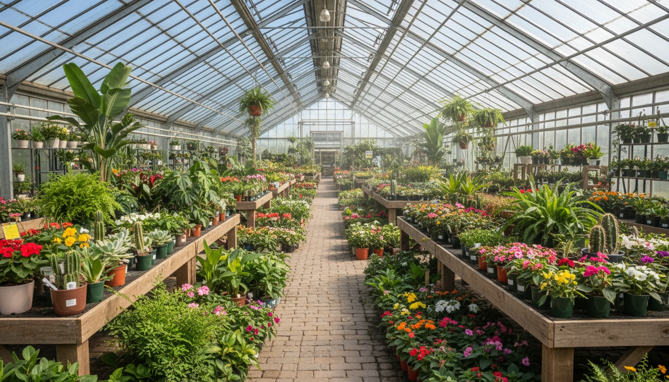 Rows of potted plants in a plant nursery with varied species and sizes on wooden display tables