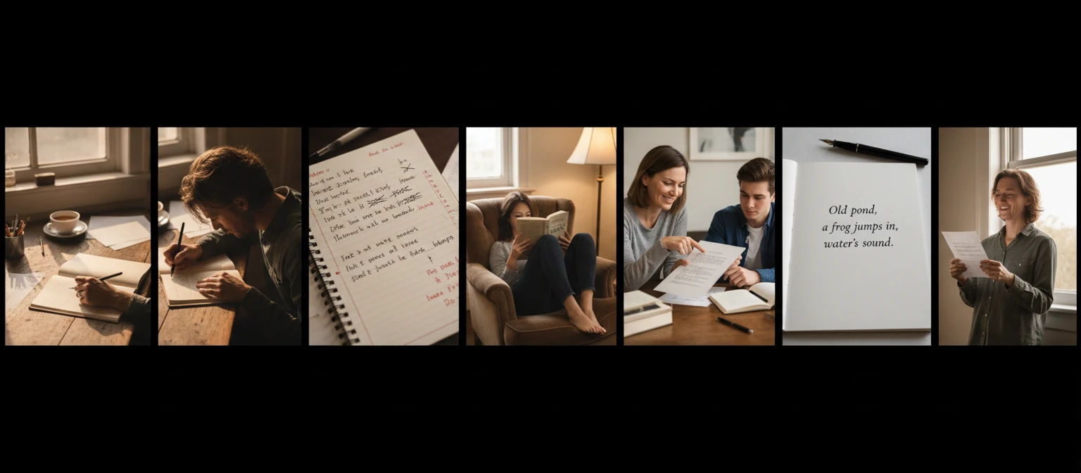 Wide editorial collage of poets, readers, and writing teachers working with poetry in various intimate settings